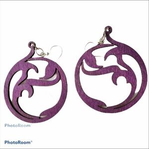 Green Tree Earrings Circle Art Purple Wood Lightweight